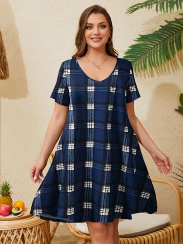 Image of ZENNILO Women's Plus Size Swing Dress with Pockets Casual Summer Dresses V Neck Short Sleeve T Shirt Dress for Women