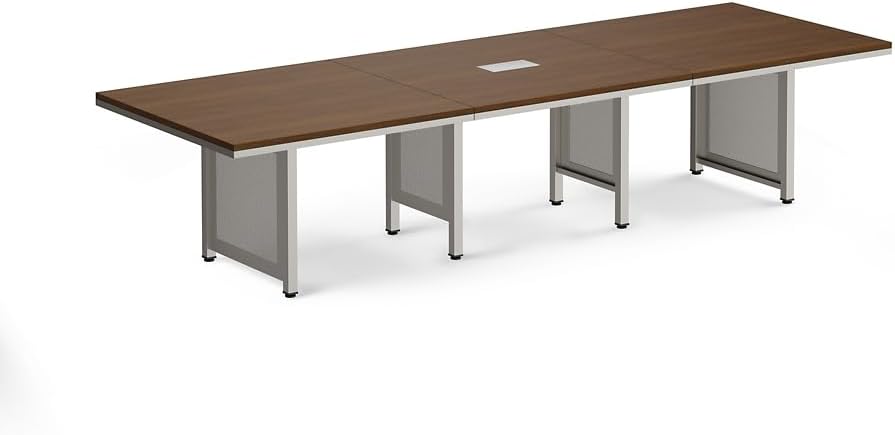 NBF 12' Expandable Conference Tables - Warm Ash Laminate Conference Room Tables - Steel Leg Office Meeting Table - Durable Training Table with Built in Power Module, Brown