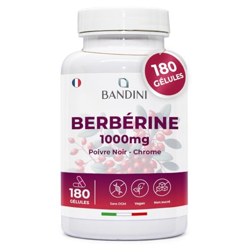 Bandini® Berbérine 1000 mg - 180 gélules pour 3 mois - Berberis Aristata avec Chrome et Poivre noir naturel - Haute absorption - Vegan et Sans Additifs - Extrait concentré de Racine Berberis Vulgaris