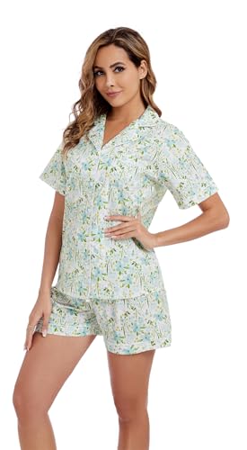 Image of LUBOT 100% Cotton Pajamas for Women 2 Piece PJ Set Poplin Woven Lightweight Ladies Button Short Sleeve Sleepwear S-XXL