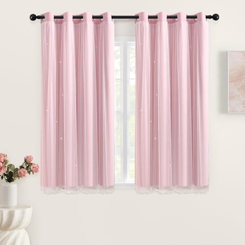 Image of XiDi Light Pink Blackout Curtains for Girls Bedroom Living Room 63 Inches Long 2 Panels Hollow Star Nursery Kids Thermal Insulated Room Darkening Drapes Grommet Noise Reducing Window Curtains 52x63