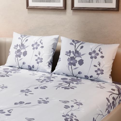 Image of BLISSHOME SoftTouch 140TC Cotton King Size Fitted Bedsheet with 2 Pillow Covers, Silky Smooth Bedding Set, Breathable, Easy Maintain, Floral Print - Violet (182cm x 198cm x 25cm Drop)