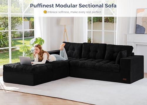 Image of MAXYOYO 104 inch U Shaped Modular Sectional Sofa with 2 Ottomans, Cloud Boneless Couch with Layered Cushion, Flexible Module Combination Sofa for Living Room, No Assembly Required, Black