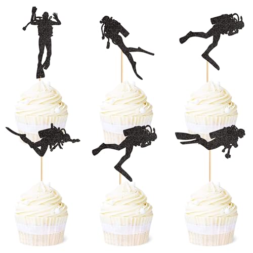Blumomon Lot de 25 Décorations de Cupcake de Plongée Noires à Paillettes - Thème Sportif pour Fête Prénatale, Anniversaire et Événements