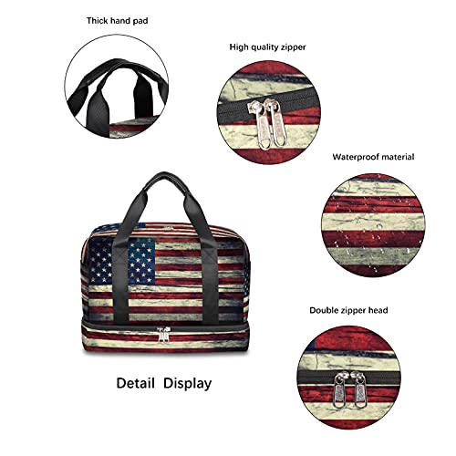 American Flag Sports Gym Bag with Shoes Compartment,Vintage USA Flag 4Th Of July Travel Duffel Bag for Men Women Boys Girls Teens Overnight Weekend Yoga Workout Bag Training Handbag4