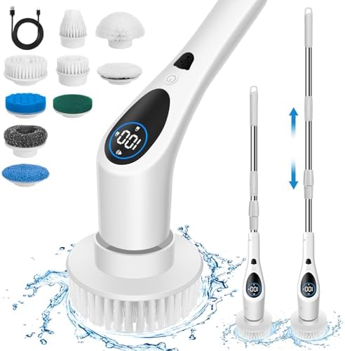 Electric Spin Scrubber, Upgrade Cordless Cleaning Brush with 9 Replaceable Cleaning Brush Heads, 3 Rotating Speeds, LED Display,Adjustable Extension Arm, Power Shower Scrubber for Bathroom Tile Floor
