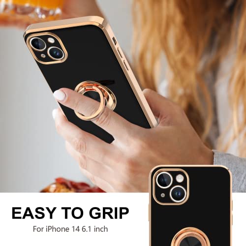 Hython Case For Iphone 14 Case With Ring Stand, 360° Rotatable Ring Holder Magnetic Kickstand Cover, Shiny Plating Rose Gold Edge Soft Tpu Luxury Protective Phone Case For Iphone 14, Black #TOP1