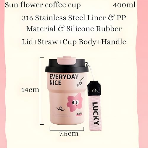 Image of Motka 400ml Stainless Steel Vacuum Insulated Coffee Tumbler with Straw & Direct Sip Lid | Travel Mug | Leak-Resistant | Reusable Cup with Strap | Sipper for Hot & Cold Drinks | Thermos Flask | Pink