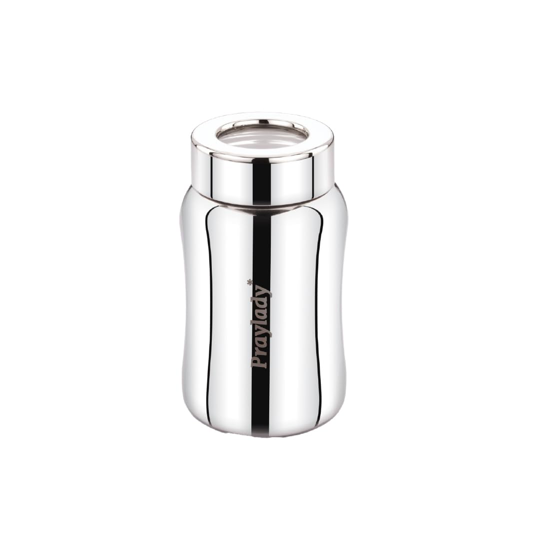 Praylady 900ml Stainless Steel Kitchen Canister – Airtight Tea, Coffee, Sugar Container with Transparent Lid | Multipurpose Storage Jar for Spices, Snacks – Silver