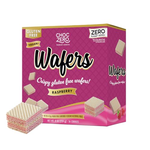 Image of ChocZero Sugar Free Raspberry Wafer Cookies, No Sugar Alcohols, Keto, Gluten Free, Vegan, High Fiber, 16 Count, 8 oz Box