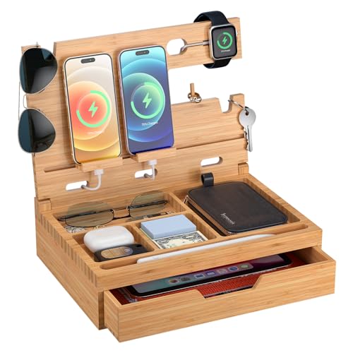 Pezin & Hulin Bamboo Docking Station Foldable Nightstand Organizer with drawer, Multifunction Desktop Organizer Tray, Foldable Cell Phone Stand for Desk, Men’s Gifts