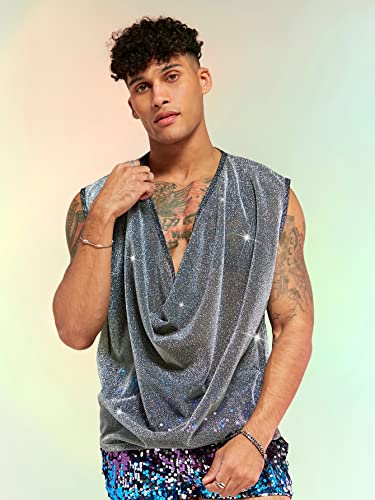 WDIRARA Men's Glitter Draped Collar T Shirts Cowl Neck Sleeveless Tank Top Party Top4