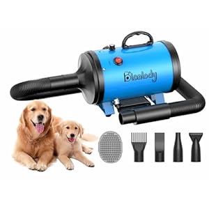 Hundefön Blower Sehr Leise 4.5 PS / 3200W Motor Einstellbare Geschwindigkeit, Hundepflege-Trockner-Gebläse mit 4 verschiedenen Düsen elastischem Schlauch und Pflegebürste…