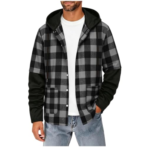 Men Flannel Shirts Casual Long Sleeve Button Down Shirt Plaid Hooded Jacket - image 3