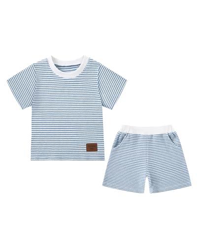 Image of YALLET Toddler Baby Boy Clothes Cute Outfit Striped T-Shirt with Leather Tag + Short Set 3 Months-3 Years