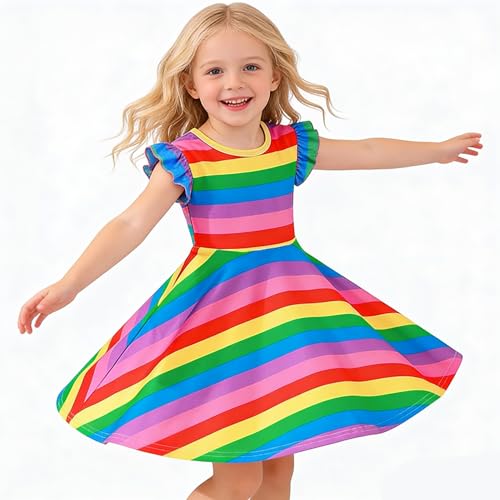 Image of Tkria Toddler Girls Rainbow Dress Striped Fall Dress Cartoon Colourful Long Sleeve Casual Dressy 2-7T