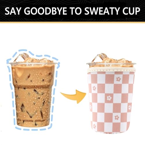 Image of YR Reusable Neoprene Insulator Sleeve for Iced Coffee Cups, 3 Pack Coffee Coolies sleeves for Iced & Hot Drinks, Cold Beverage Cooler Compatible with Starbucks Coffee and More (Floral Checkered)