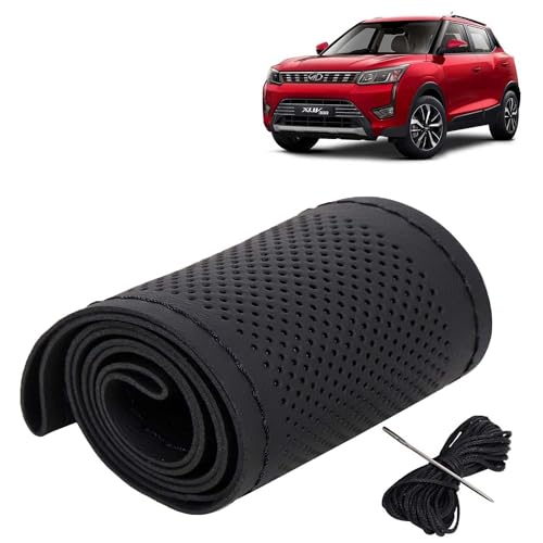 Image of KINGSWAY PU Leatherite Car Steering Cover Sewable Compatible with Mahindra XUV 300 (Year 2019 Onwards), Black Color with Black Thread, Pack of 1 with Sewing Needle and Thread