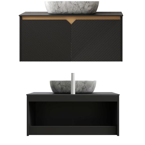 Image of Floating Bathroom Vanity with Sink, 36 inch Bathroom Storage Cabinet with Sintered Stone Countertop & Marble-Pattern Ceramic Basin, Wall-Mounted Vanity with 2 Twill Pattern Doors, Black