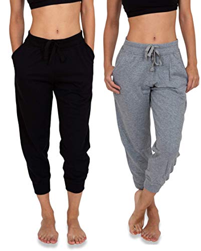 Sexy Basics Women's 2 Pack Soft French Terry Fleece Casual/Active Capri Jogger Sweatpants (2 Pack- Black/Grey, Large)