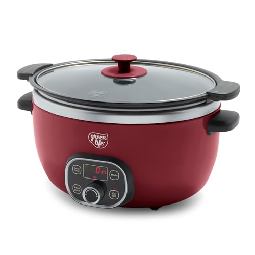 GreenLife 6 Quart Ceramic Slow Cooker, PFAS-Free, Programmable, Removable Healthy Nonstick Pot for Family Meals, Sear on Stovetop, Keep Warm, Digital Timer, Dishwasher Safe Glass Lid & Crock, Red