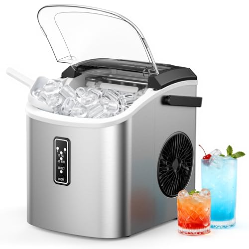 Image of EUHOMY Countertop Ice Maker with Carry Handle, 26lbs/24H, 9 Cubes Ready in 6 Mins, Self-Cleaning, Portable Ice Maker Machine with Basket and Scoop, 2 Sizes of Bullet Ice for Home, Kitchen, Office