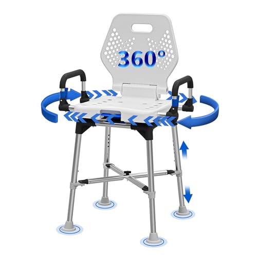 DrSuppor Silla de ducha giratoria de 360 grados, asiento de ducha ajustable con brazos giratorios para duchas o bañeras interiores, silla de ducha giratoria antideslizante para ancianos discapacitados