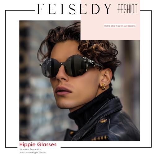 FEISEDY Retro Round Steampunk Sunglasses Women Men Vintage Eyewear Metal Frame Leatherwear B01402