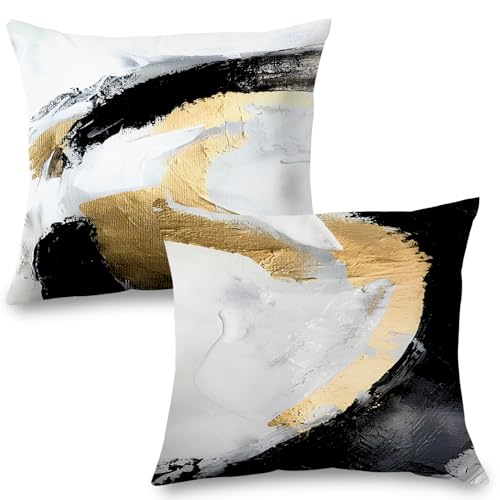 Supwhd Abstract Black White and Gold Pillow Covers 18x18 Set of 2 - Modern Pillow Covers, Modern Home Decor, Black and Gold Decorative Pillows Cover for Couch Living Room Bedroom