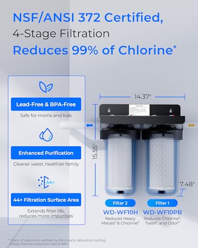 Waterdrop 2 Stage Whole House Water Filter System, with Heavy Metal Sediment Filter, Highly Reduce Mercury, Lead, Iron, Manganese, Chlorine for Well/City Water, WD-WHF21-PBH, 1