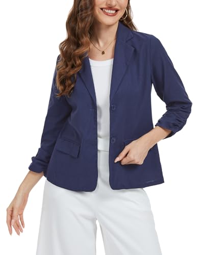 Women's Linen Blazer Jacket 2025 Lightweight Button Lapel Casual 3/4 Ruched Sleeves Work Office Summer Jackets