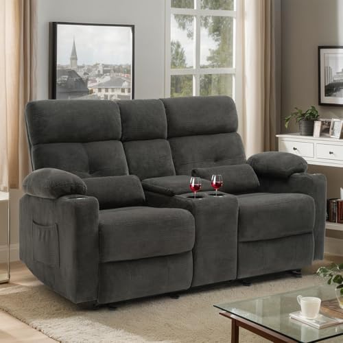 Power Reclining Loveseat with Console, Power Loveseat Recliner Sofa with Heat and Massage, Extended Footrest, Wall Hugger RV Reclining Couch with Cup Holders, Lumbar Support for Living Room