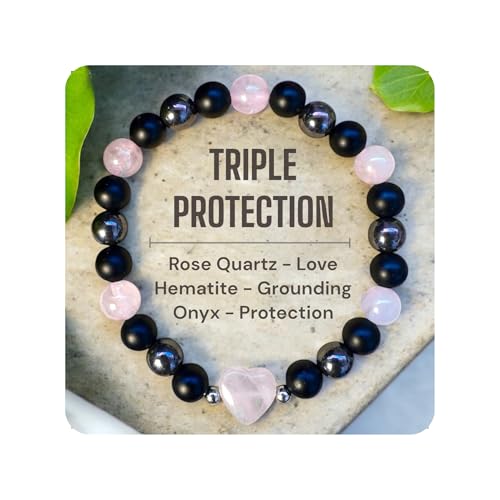 TUBIANCA Rose Quartz Bracelet – Heart Crystal with Hematite & Onyx for Love, Healing & Emotional Balance – Handmade Stretch Bracelet for Women & Men – Spiritual Gift for Inner Peace