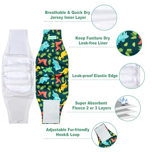 Image of wegreeco Small Dog Diapers Male,Reusable Belly Bands for Male Dogs,Washable Doggie Puppy Diapers Wraps,Medium Large Size(5 Pack, Dinosaurs Park, Small)