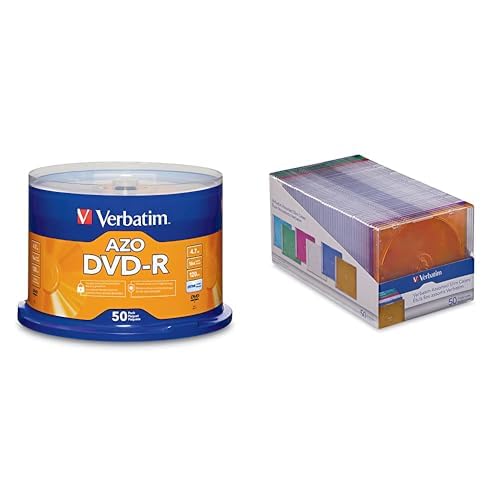 Verbatim DVD-R AZO Dye 4.7GB 16X 100 Discs Spindle + 50 Slim Storage Cases Assorted Colors – Data &amp; Music Recording Bundle
