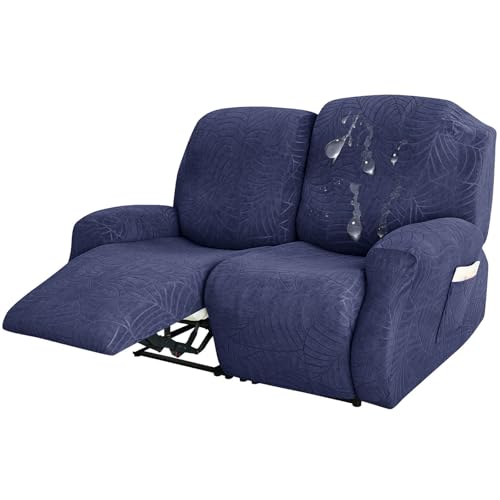 CLGTY 撥水 リクライニングソファーカバー 2人掛け 6 分割タイプ, 伸縮性 電動 リクライニングチェア ソファーカバー 用 2 席 ソファーカバー 替えカバー 付 伸縮性のある底 用 ネコ 犬-紺-2人掛け