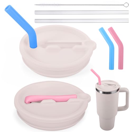 Mity rain 2PCS Silicone Tumbler Flip Straw Lid for Stanley Cup 40OZ, Spill Proof Lid Compatible with Stanley Quencher Flip Straw Lids for Cup Lid Replacement (Pink)