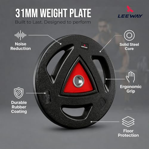 Image of LEEWAY Rubber Coated Weight Plates 50kg Set | 31mm Hole | Tri Grip Gym Plates for Home Gym Setup | Barbell & Dumbbell Compatible | Floor Safe Low Noise Strength Training Plates (Black, (2.5X2+5X2+7.5X2+10X2))