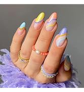 24pcs Short Press on Nails Almond Fake Nails Multicolor Swirl Glue on Nails Rainbow Color Nail Ti...