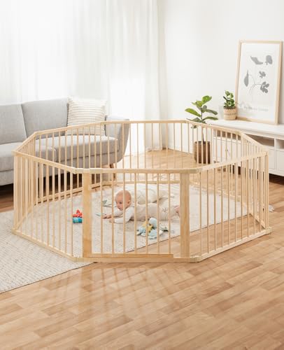 Tavora Laufgitter für Baby & Kleinkind, nachhaltiger Laufstall aus hellem Fichtenholz mit Tür, 8 Elemente je 90x68 cm, solides Absperrgitter schützt beim Krabbeln & Gehversuchen, sicheres Schutzgitter