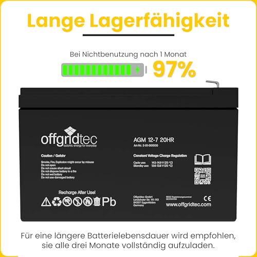 Offgridtec AGM 7Ah 20HR 12V Solarbatterie VRLA, Deep‑Cycle AGM Speicher für Solar‑ & Hybridanlagen, Niedrige Selbstentladung, Wartungsfrei, Auslaufsicher, Lange Lebensdauer, 2‑Jahres‑Garantie