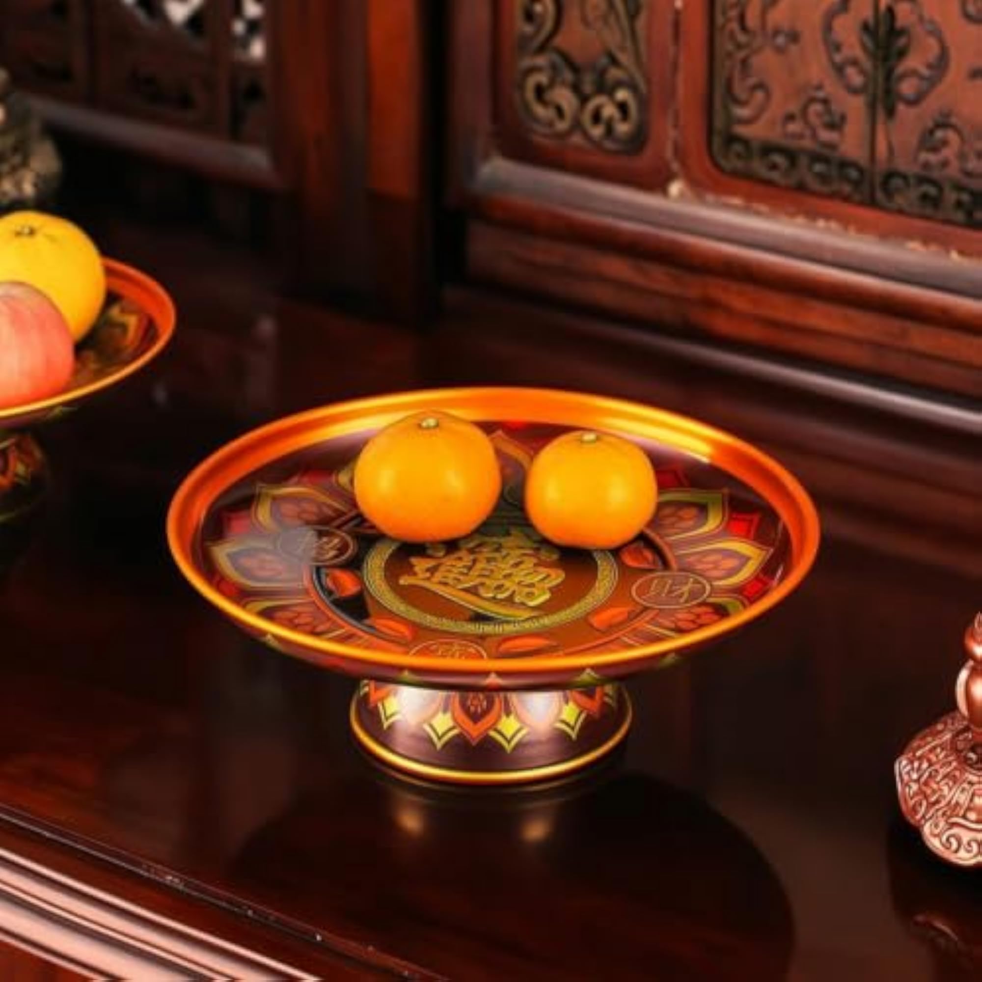 Alloy Fruit Offering Plate with Pedestal, Decorative Altar Tray