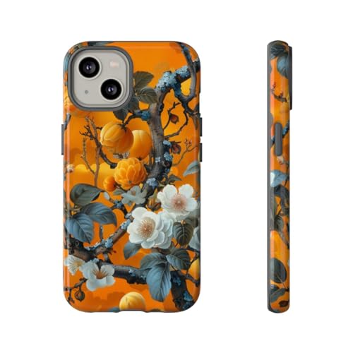 Coque iPhone 14 rigide brillante anti-rayures au design vintage botanique orange