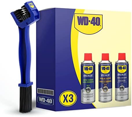 WD-40 Motorbike – Cuidado y mantenimiento cadena con Spray Limpiacadenas 400Ml + Grasa de Cadenas 400Ml + Abrillantador de Silicona 400Ml + cepillo limpia cadenas - Pack 3 unidades + Cepillo