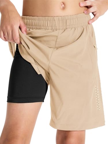 DEVOROPA Youth Boys 2 in 1 Athletic Running Shorts with Compression Liner Quick Dry Sports Gym Hiking Shorts Zip Pockets UPF 50+ Khaki L