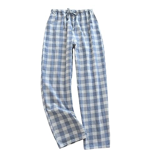 Men's Comfy Soft Cotton Knit Pajama Pants Drawstring Plaid Pant Long Lounge Sleep Bottoms Linen Beach Touser