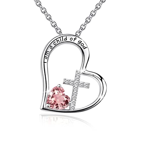 925 Sterling Silver I Am a Child of God Cross Pendant Necklaces for Women, Cross Necklace for Girls, Heart Necklace with Birthstone Christian Jewelry Baptism Gifts for Girls