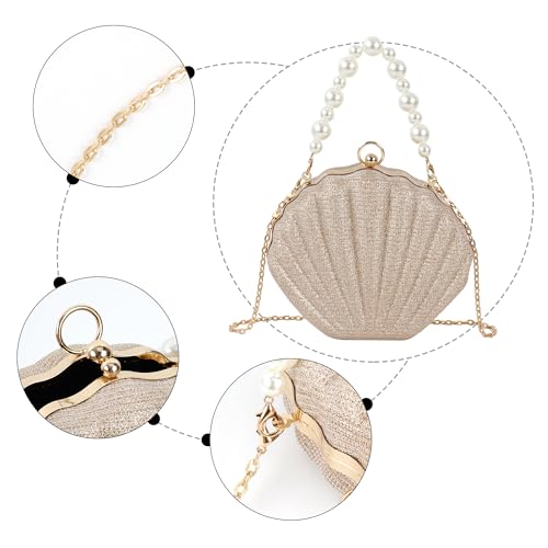 Image of Glitter Seashell Evening Clutch Purse Mini Chain Crossbody Bag Pu Leather Shell Pearl Shoulder Bag