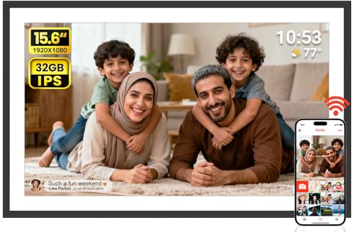 AKImart 15.6 Inch Large Digital Photo Frame Digital Picture Frame WiFi IPS HD Touch Screen 32GB Storage Photo Frame with Auto-Rotate Instant Share Photo/Video Sharing via Frameo App Gift for Mom