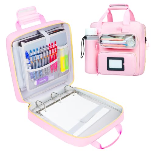 Sambois 3 Inch D-Ring Zipper Binder Bag, 700 Sheet Capacity Multi-Pockets Organizer, 13 Inch Laptop Carrying Case with Bottle Holder& Shoulder Strap for School Office (Pink)